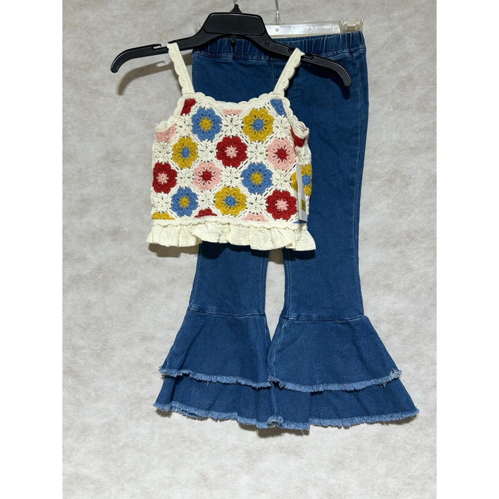 Rare Editions Girls Floral Crochet Vest and Bell Bottom Jeans Set Blue‎ Size 5